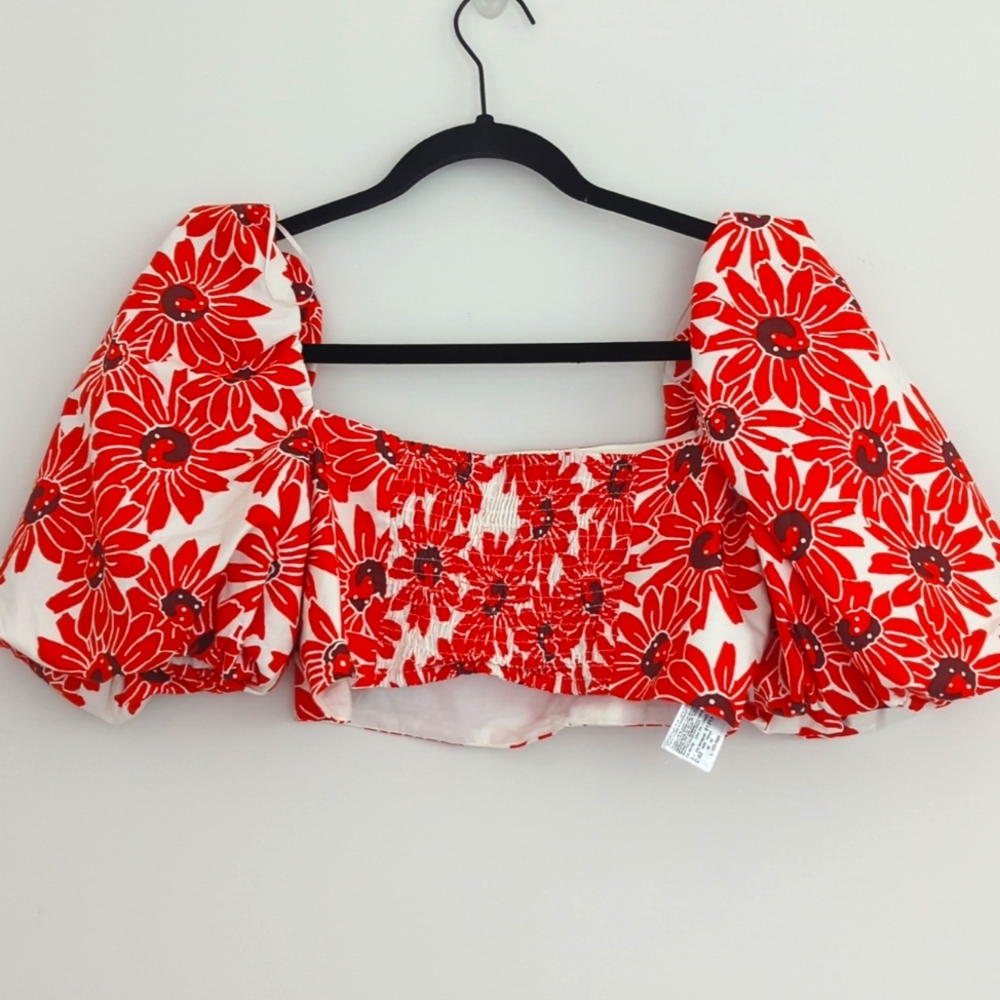 Mango Floral Daisy Puff Bubble Sleeve Crop Top Blouse Size Medium Cotton - Picture 5 of 10